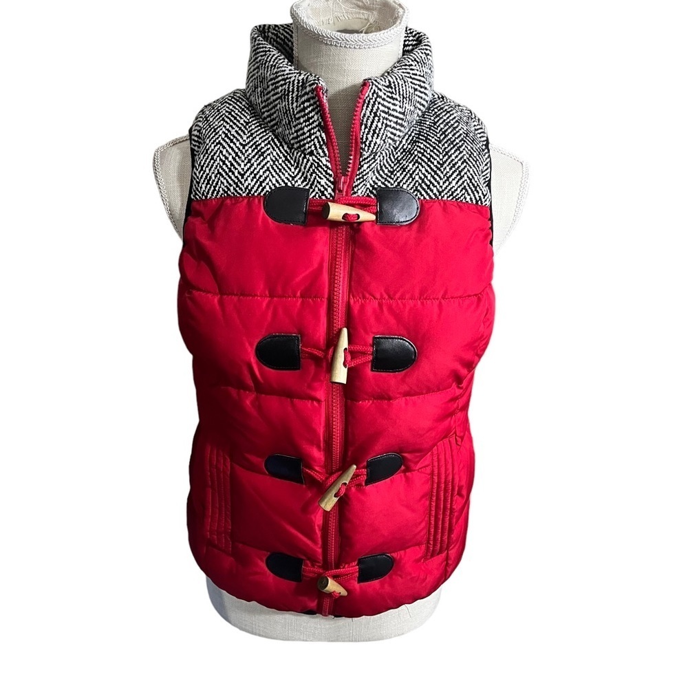 Ruff Hewn Red & Tweed Accent Gilet Vest Sz PM Sleeveless Quilted Zip Puffer EUC